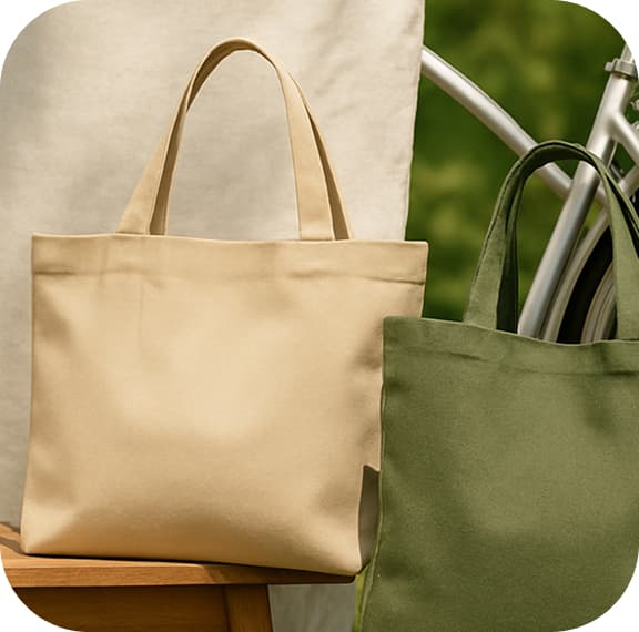 Solid beige and khaki cotton shopper bags without prints, displayed outdoors on a wooden stand next to a bicycle.