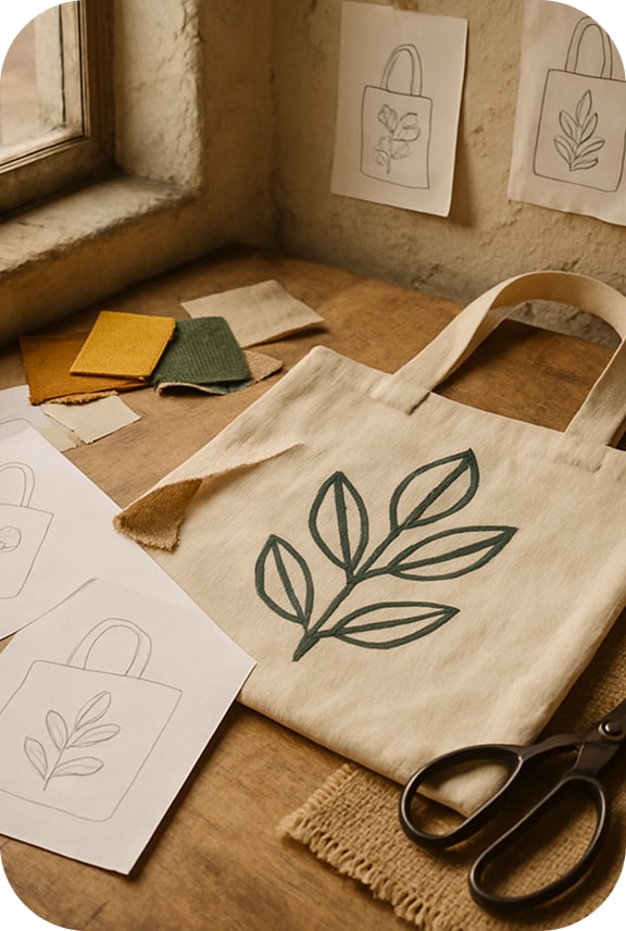 An eco-friendly cream cotton tote bag featuring a dark green botanical illustration, displayed on a wooden workspace surrounded by paper sketches and fabric color swatches.